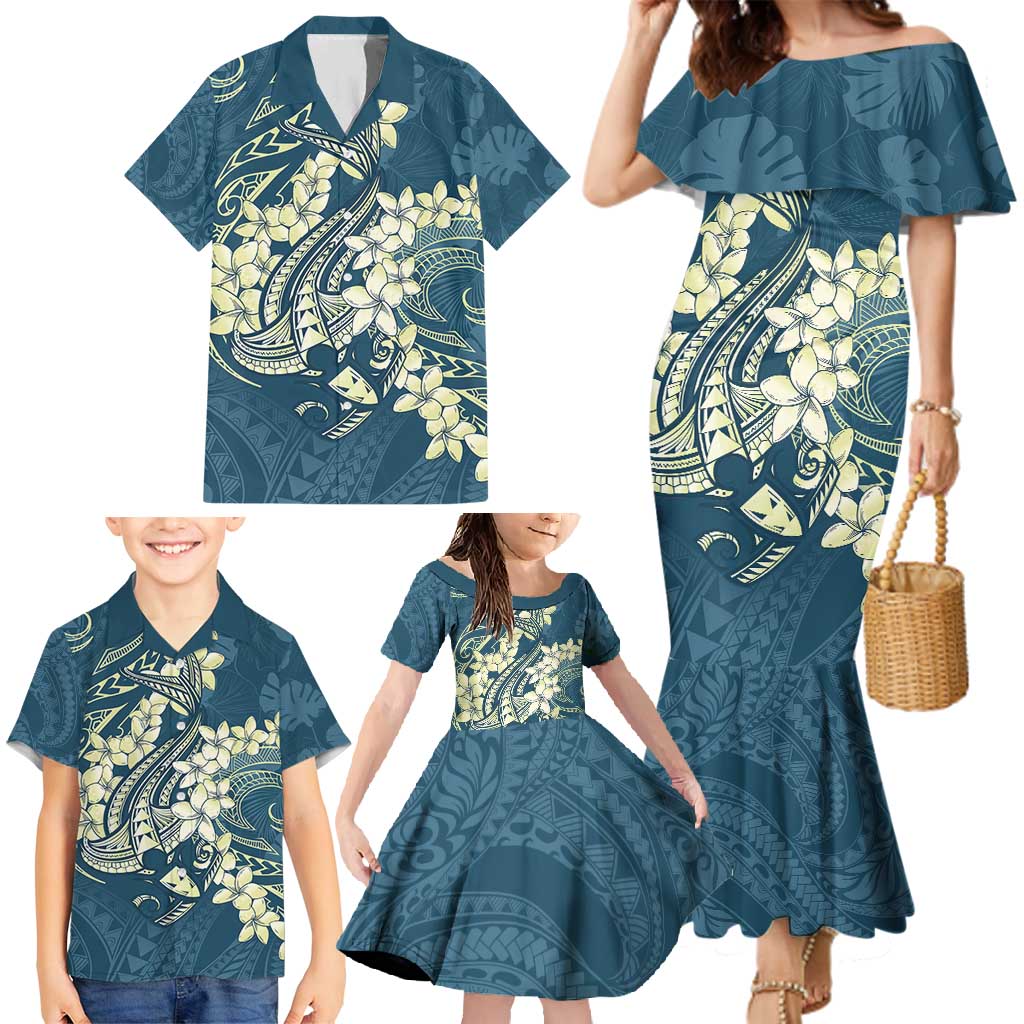 Cyan Polynesia Hammerhead Shark Tattoo With Plumeria Lei Family Matching Mermaid Dress and Hawaiian Shirt