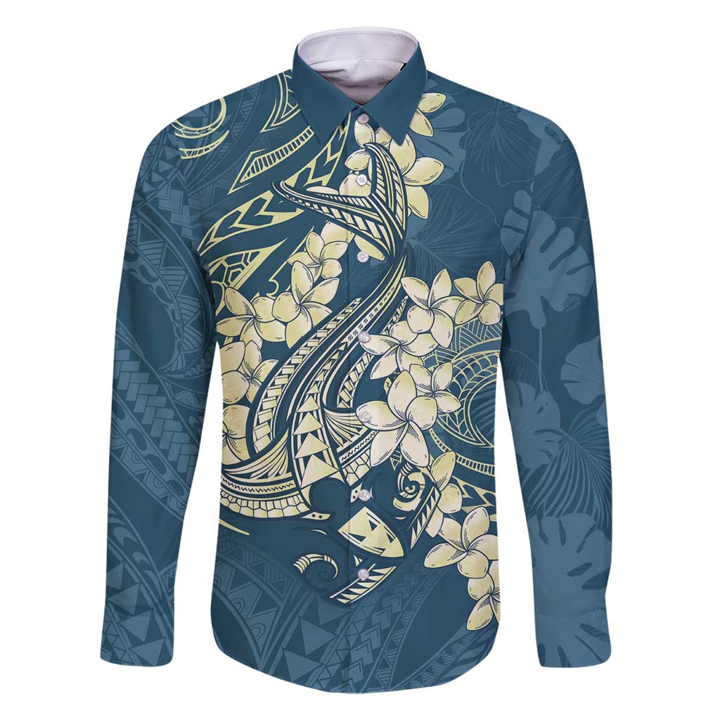 Cyan Polynesia Hammerhead Shark Tattoo With Plumeria Lei Family Matching Mermaid Dress and Hawaiian Shirt
