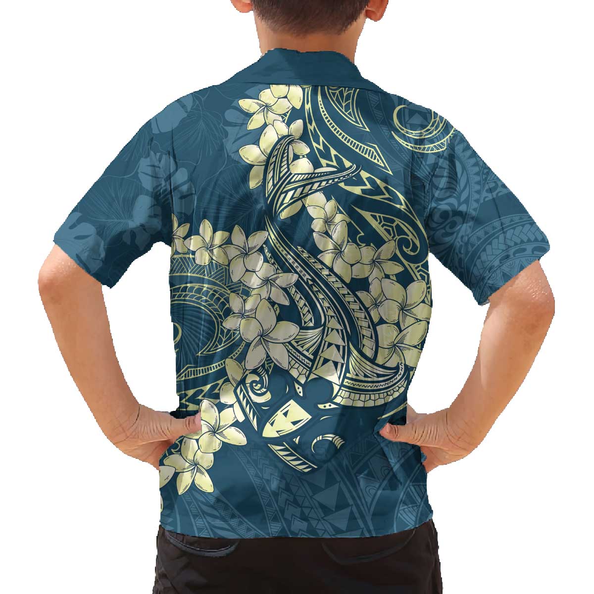 Cyan Polynesia Hammerhead Shark Tattoo With Plumeria Lei Family Matching Off The Shoulder Long Sleeve Dress and Hawaiian Shirt