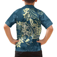 Cyan Polynesia Hammerhead Shark Tattoo With Plumeria Lei Family Matching Off The Shoulder Long Sleeve Dress and Hawaiian Shirt
