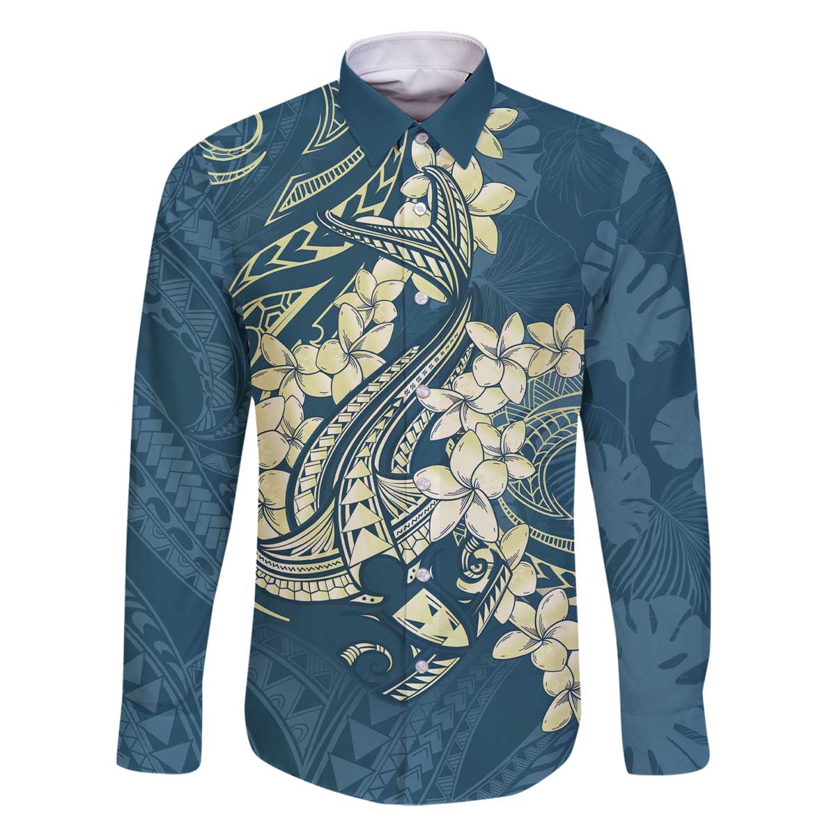 Cyan Polynesia Hammerhead Shark Tattoo With Plumeria Lei Family Matching Off The Shoulder Long Sleeve Dress and Hawaiian Shirt