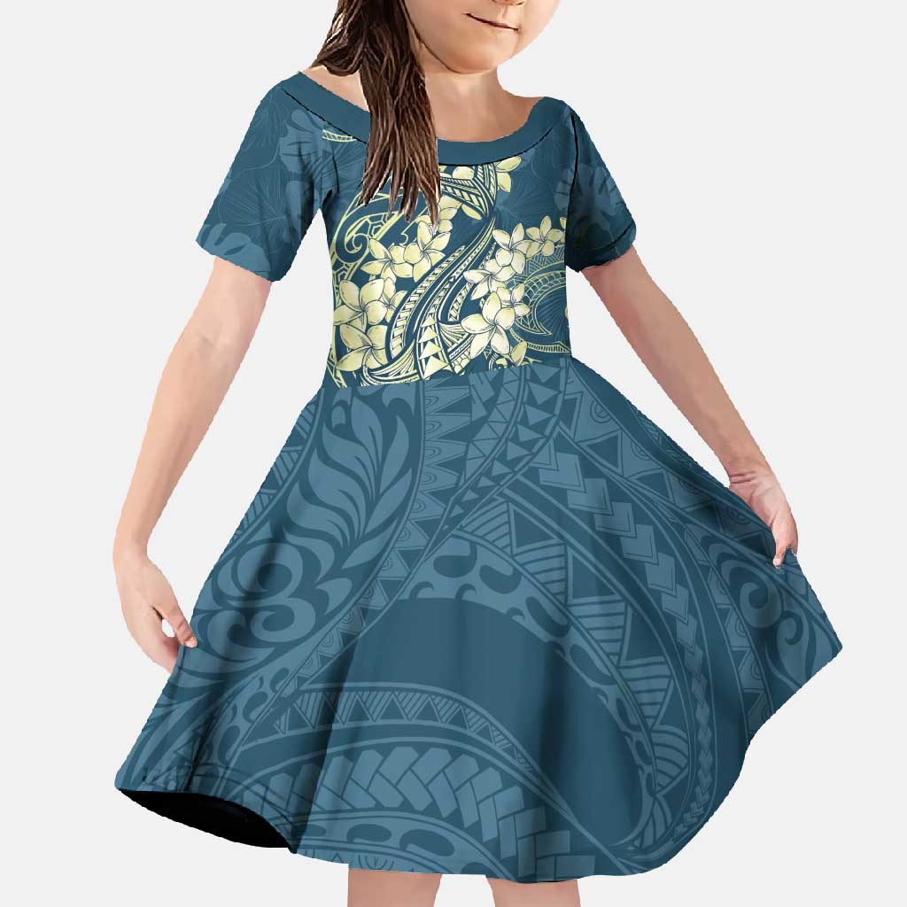 Cyan Polynesia Hammerhead Shark Tattoo With Plumeria Lei Family Matching Off Shoulder Maxi Dress and Hawaiian Shirt