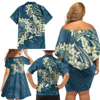 Cyan Polynesia Hammerhead Shark Tattoo With Plumeria Lei Family Matching Off Shoulder Short Dress and Hawaiian Shirt