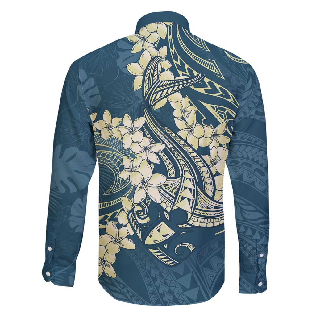 Cyan Polynesia Hammerhead Shark Tattoo With Plumeria Lei Family Matching Off Shoulder Short Dress and Hawaiian Shirt