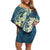 Cyan Polynesia Hammerhead Shark Tattoo With Plumeria Lei Family Matching Off Shoulder Short Dress and Hawaiian Shirt