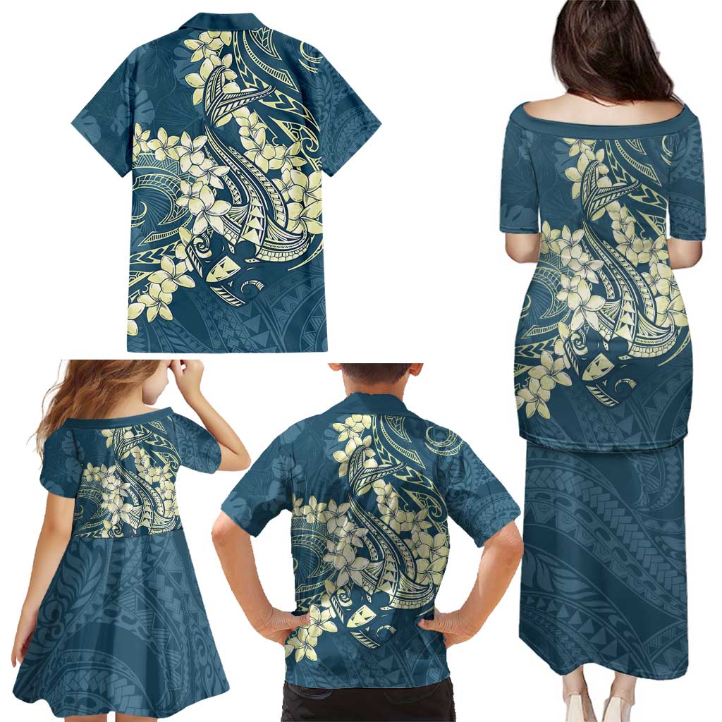 Cyan Polynesia Hammerhead Shark Tattoo With Plumeria Lei Family Matching Puletasi and Hawaiian Shirt