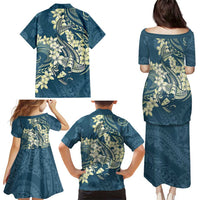 Cyan Polynesia Hammerhead Shark Tattoo With Plumeria Lei Family Matching Puletasi and Hawaiian Shirt