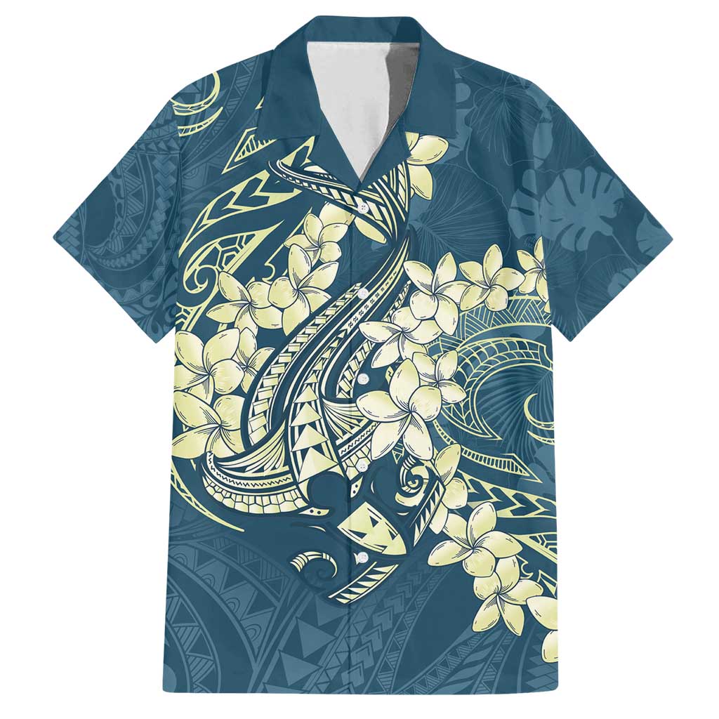 Cyan Polynesia Hammerhead Shark Tattoo With Plumeria Lei Family Matching Puletasi and Hawaiian Shirt