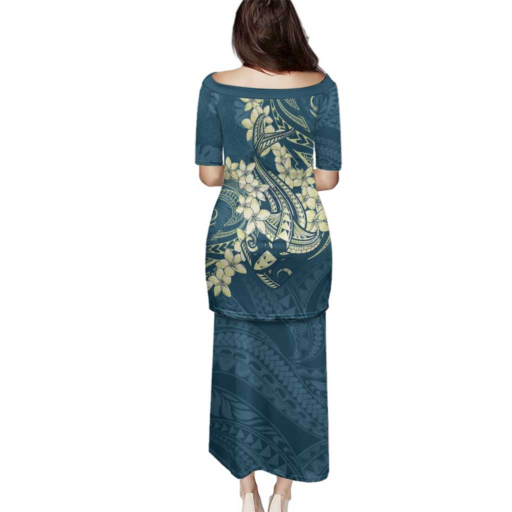 Cyan Polynesia Hammerhead Shark Tattoo With Plumeria Lei Family Matching Puletasi and Hawaiian Shirt