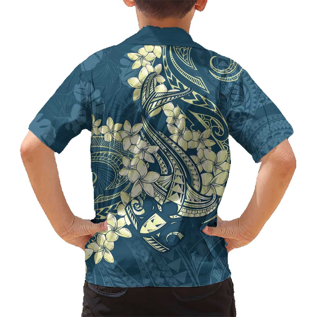 Cyan Polynesia Hammerhead Shark Tattoo With Plumeria Lei Family Matching Short Sleeve Bodycon Dress and Hawaiian Shirt