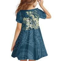 Cyan Polynesia Hammerhead Shark Tattoo With Plumeria Lei Family Matching Short Sleeve Bodycon Dress and Hawaiian Shirt