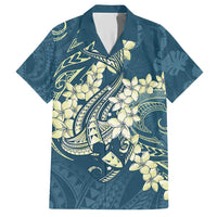 Cyan Polynesia Hammerhead Shark Tattoo With Plumeria Lei Family Matching Short Sleeve Bodycon Dress and Hawaiian Shirt