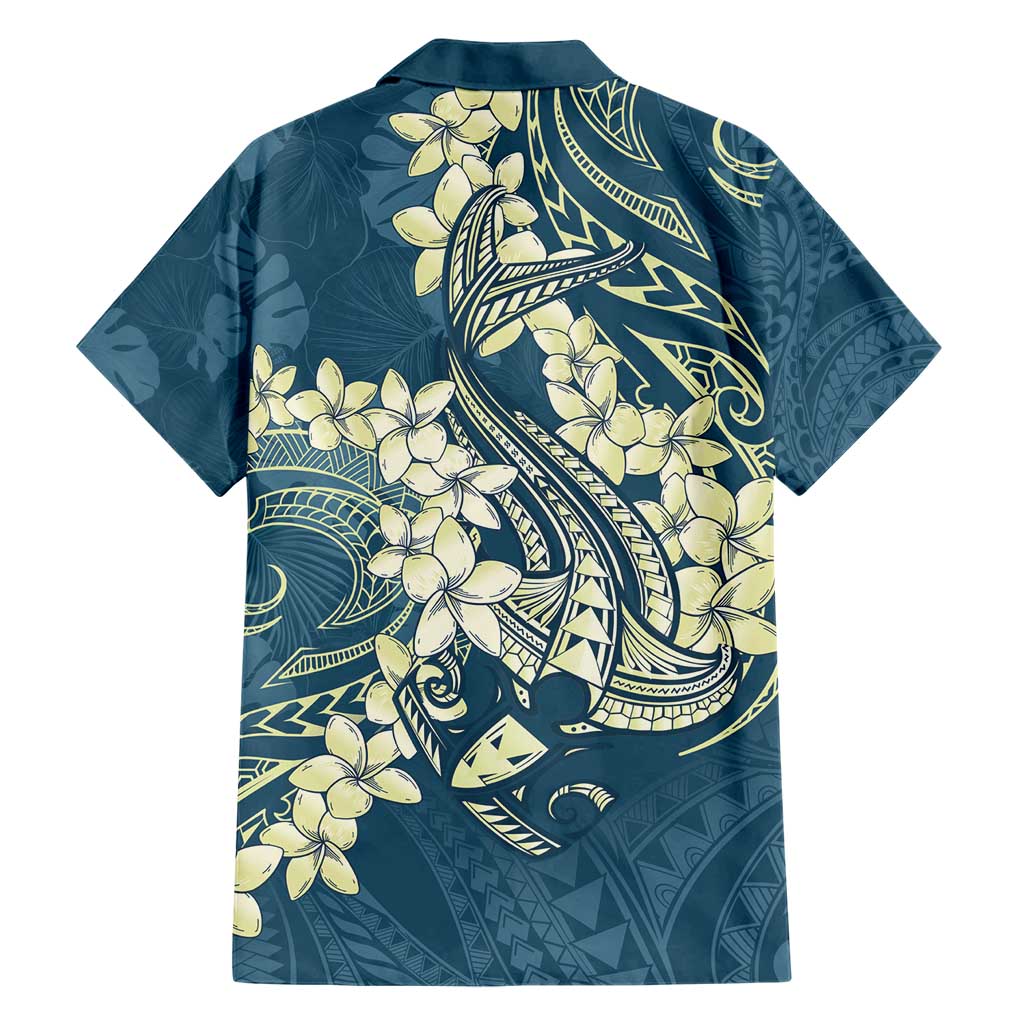 Cyan Polynesia Hammerhead Shark Tattoo With Plumeria Lei Family Matching Short Sleeve Bodycon Dress and Hawaiian Shirt