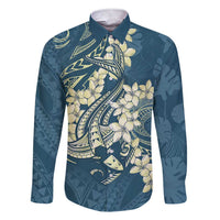 Cyan Polynesia Hammerhead Shark Tattoo With Plumeria Lei Family Matching Short Sleeve Bodycon Dress and Hawaiian Shirt
