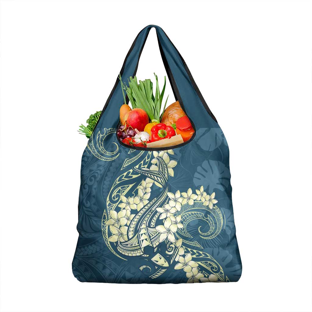 Cyan Polynesia Hammerhead Shark Tattoo With Plumeria Lei Grocery Bag