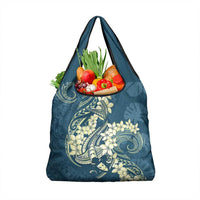 Cyan Polynesia Hammerhead Shark Tattoo With Plumeria Lei Grocery Bag