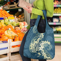 Cyan Polynesia Hammerhead Shark Tattoo With Plumeria Lei Grocery Bag