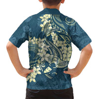Cyan Polynesia Hammerhead Shark Tattoo With Plumeria Lei Kid Hawaiian Shirt