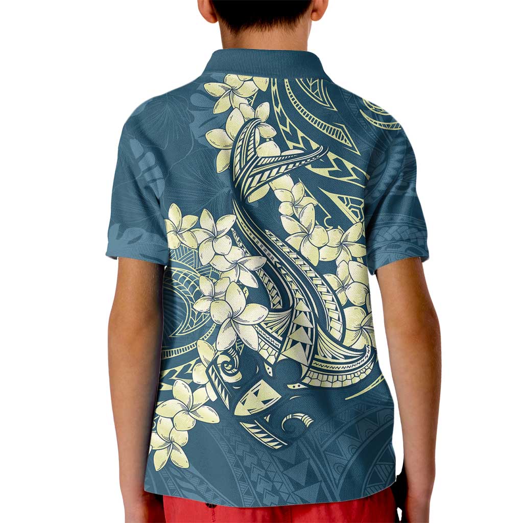 Cyan Polynesia Hammerhead Shark Tattoo With Plumeria Lei Kid Polo Shirt