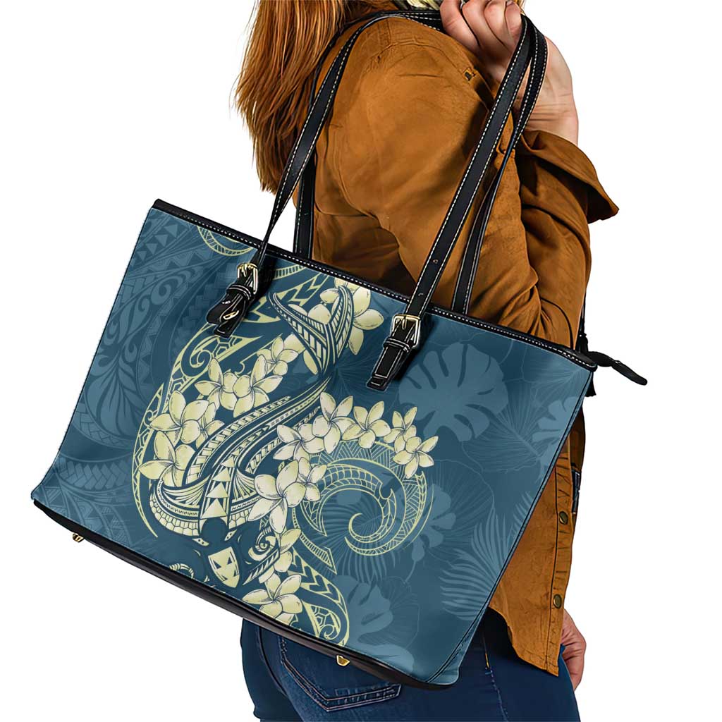 Cyan Polynesia Hammerhead Shark Tattoo With Plumeria Lei Leather Tote Bag