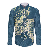 Cyan Polynesia Hammerhead Shark Tattoo With Plumeria Lei Long Sleeve Button Shirt
