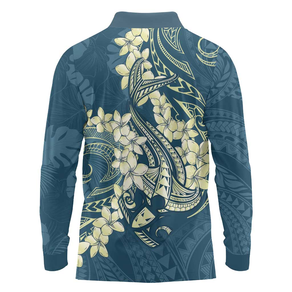 Cyan Polynesia Hammerhead Shark Tattoo With Plumeria Lei Long Sleeve Polo Shirt