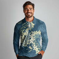 Cyan Polynesia Hammerhead Shark Tattoo With Plumeria Lei Long Sleeve Polo Shirt
