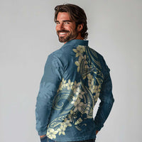 Cyan Polynesia Hammerhead Shark Tattoo With Plumeria Lei Long Sleeve Polo Shirt