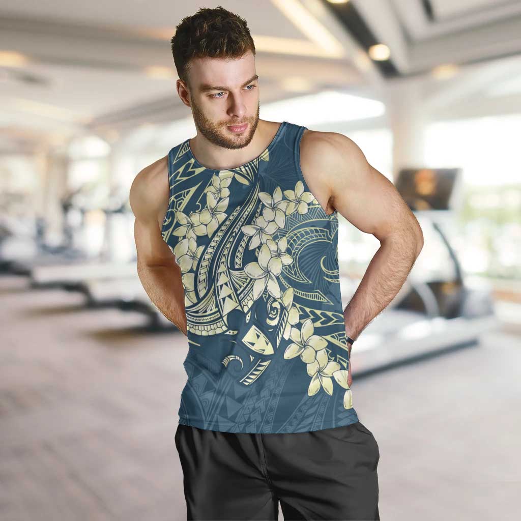 Cyan Polynesia Hammerhead Shark Tattoo With Plumeria Lei Men Tank Top