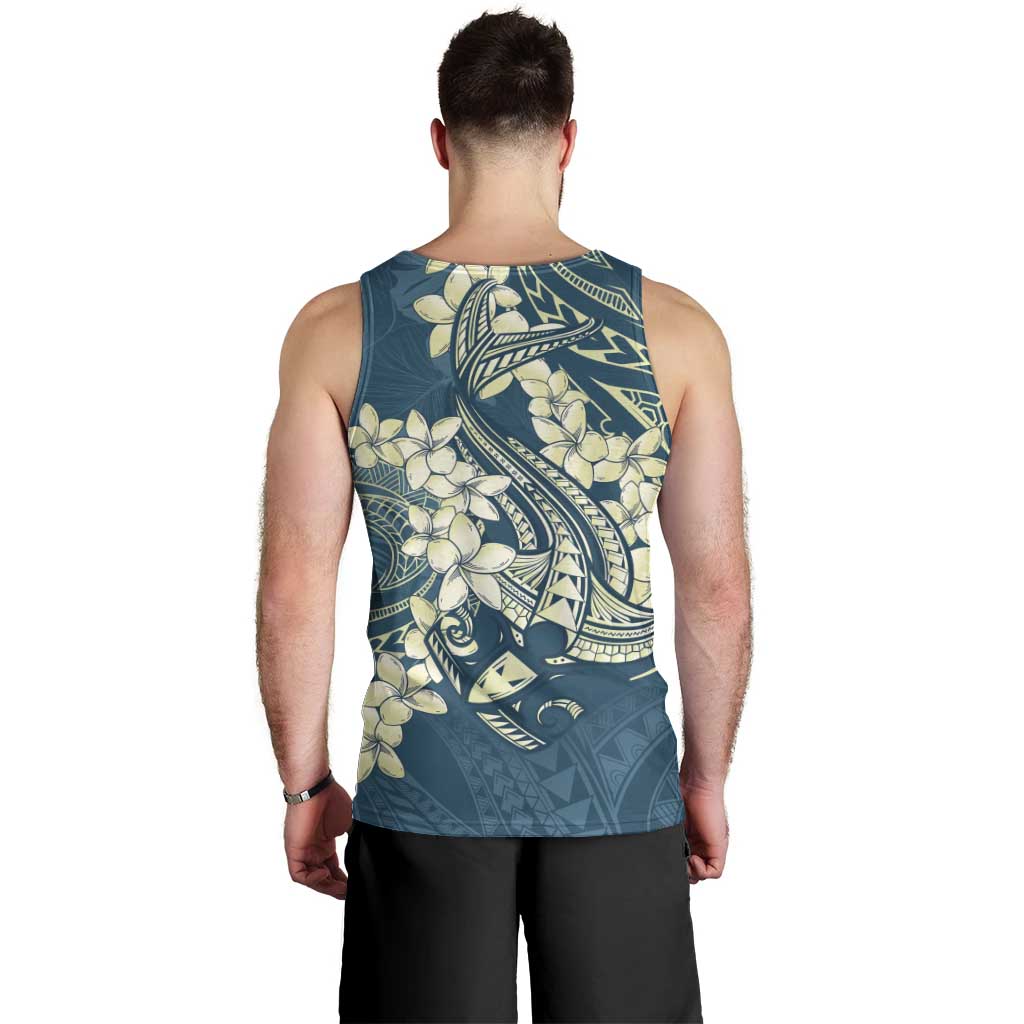 Cyan Polynesia Hammerhead Shark Tattoo With Plumeria Lei Men Tank Top