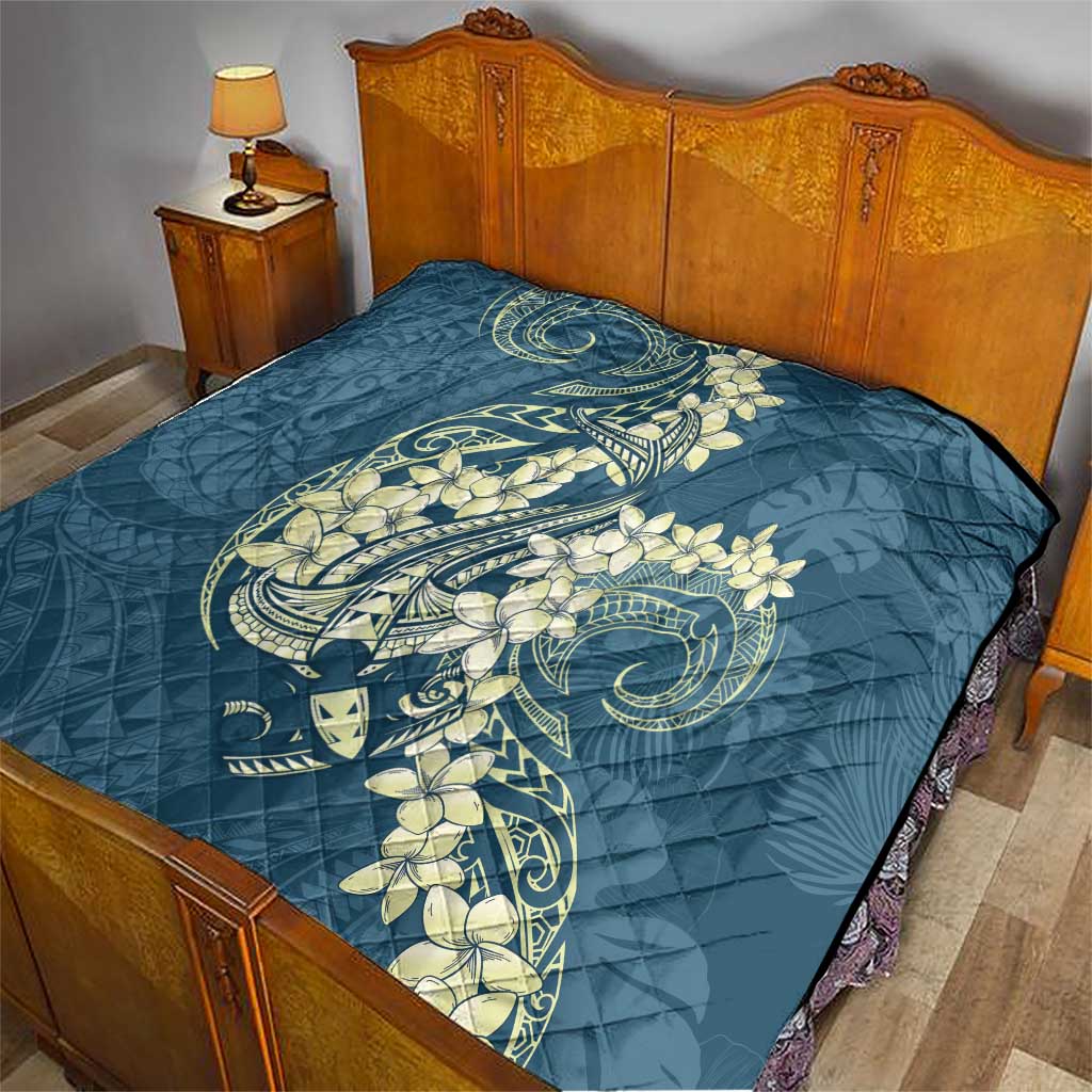 Cyan Polynesia Hammerhead Shark Tattoo With Plumeria Lei Quilt