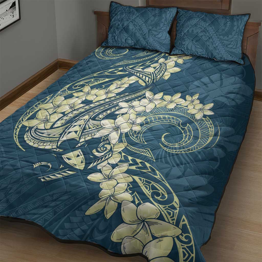 Cyan Polynesia Hammerhead Shark Tattoo With Plumeria Lei Quilt Bed Set