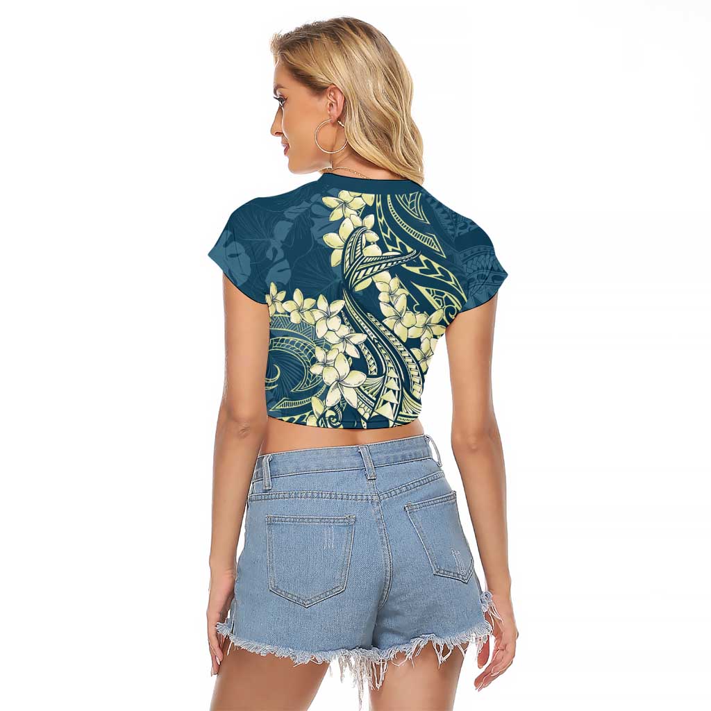 Cyan Polynesia Hammerhead Shark Tattoo With Plumeria Lei Raglan Cropped T Shirt