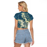 Cyan Polynesia Hammerhead Shark Tattoo With Plumeria Lei Raglan Cropped T Shirt