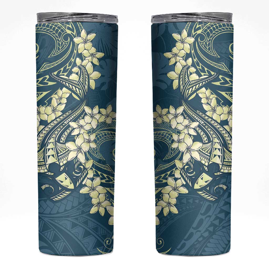 Cyan Polynesia Hammerhead Shark Tattoo With Plumeria Lei Skinny Tumbler