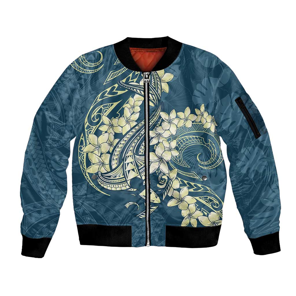 Cyan Polynesia Hammerhead Shark Tattoo With Plumeria Lei Sleeve Zip Bomber Jacket LT14 Unisex Cyan - Polynesian Pride