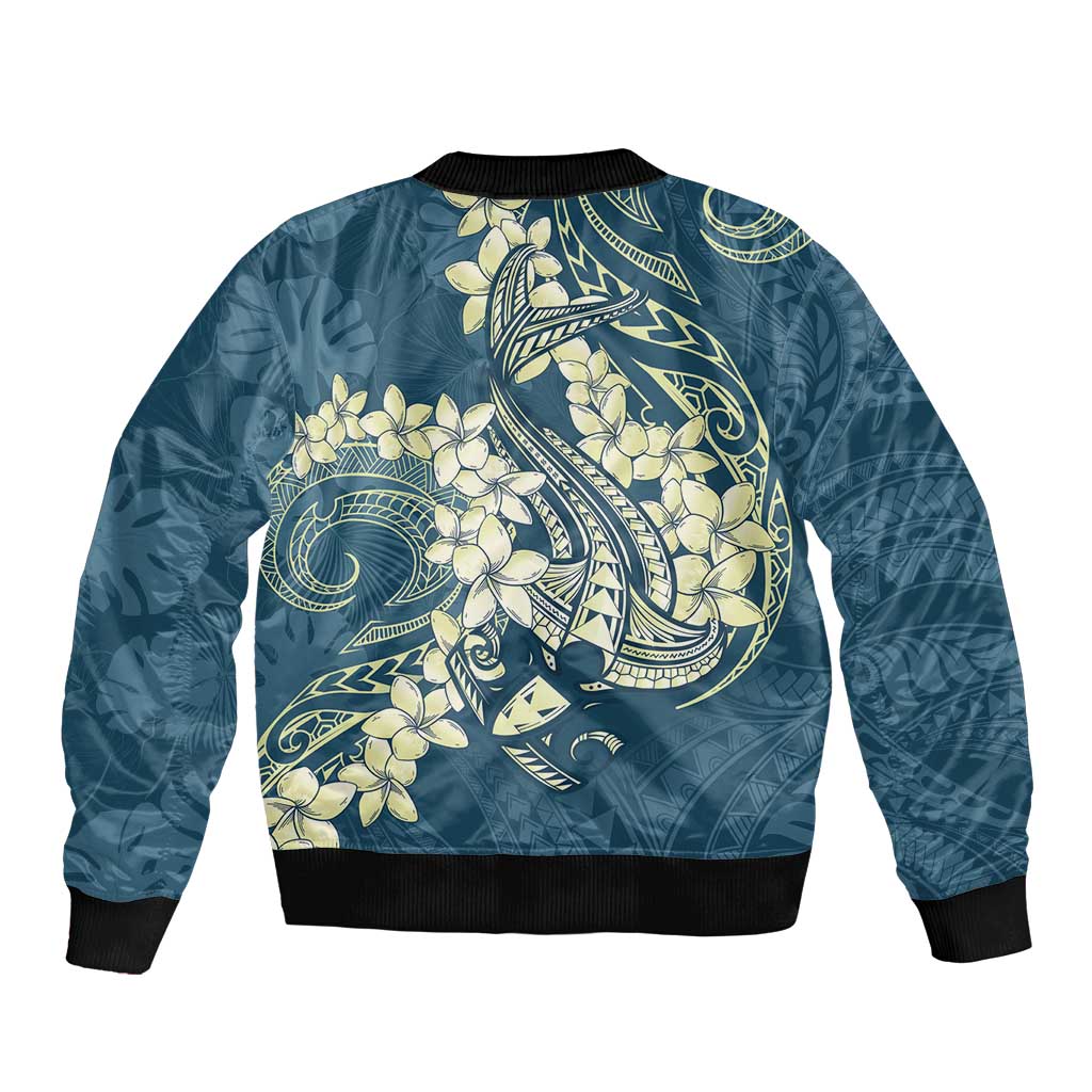 Cyan Polynesia Hammerhead Shark Tattoo With Plumeria Lei Sleeve Zip Bomber Jacket