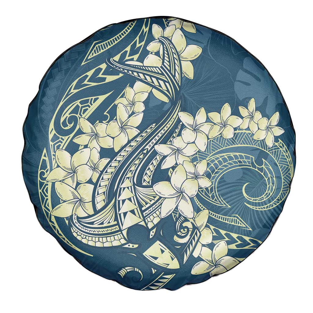 Cyan Polynesia Hammerhead Shark Tattoo With Plumeria Lei Spare Tire Cover