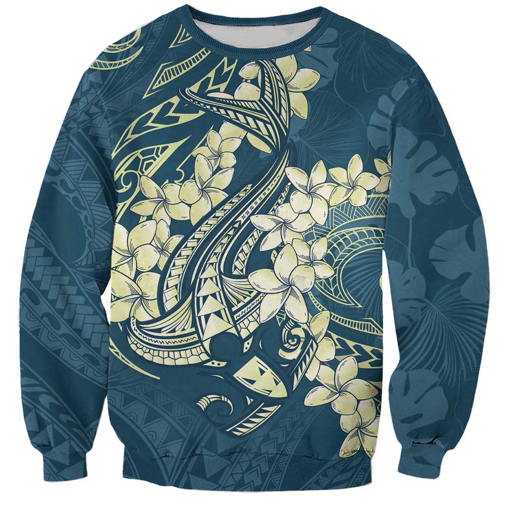Cyan Polynesia Hammerhead Shark Tattoo With Plumeria Lei Sweatshirt