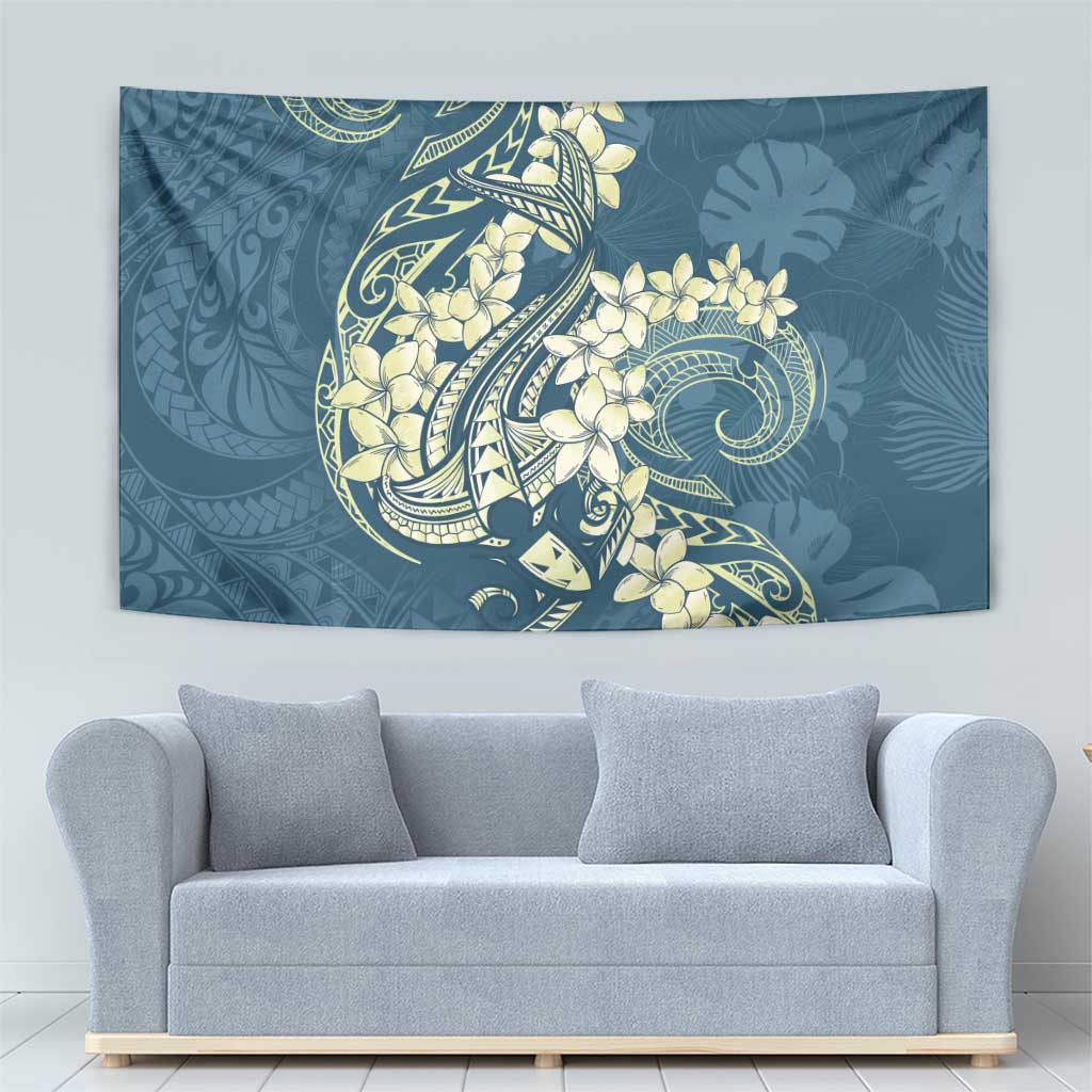 Cyan Polynesia Hammerhead Shark Tattoo With Plumeria Lei Tapestry