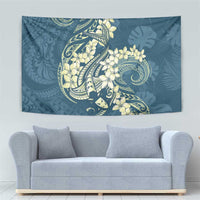 Cyan Polynesia Hammerhead Shark Tattoo With Plumeria Lei Tapestry