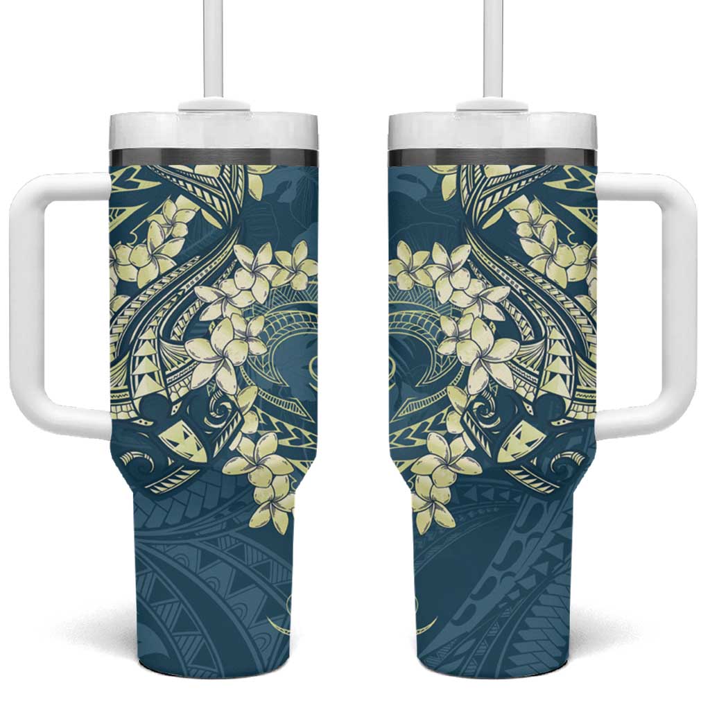 Cyan Polynesia Hammerhead Shark Tattoo With Plumeria Lei Tumbler With Handle