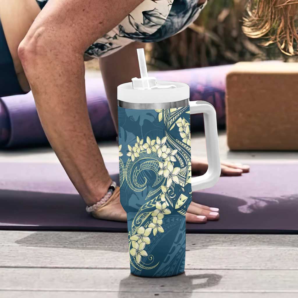 Cyan Polynesia Hammerhead Shark Tattoo With Plumeria Lei Tumbler With Handle