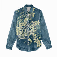 Cyan Polynesia Hammerhead Shark Tattoo With Plumeria Lei Women Casual Shirt