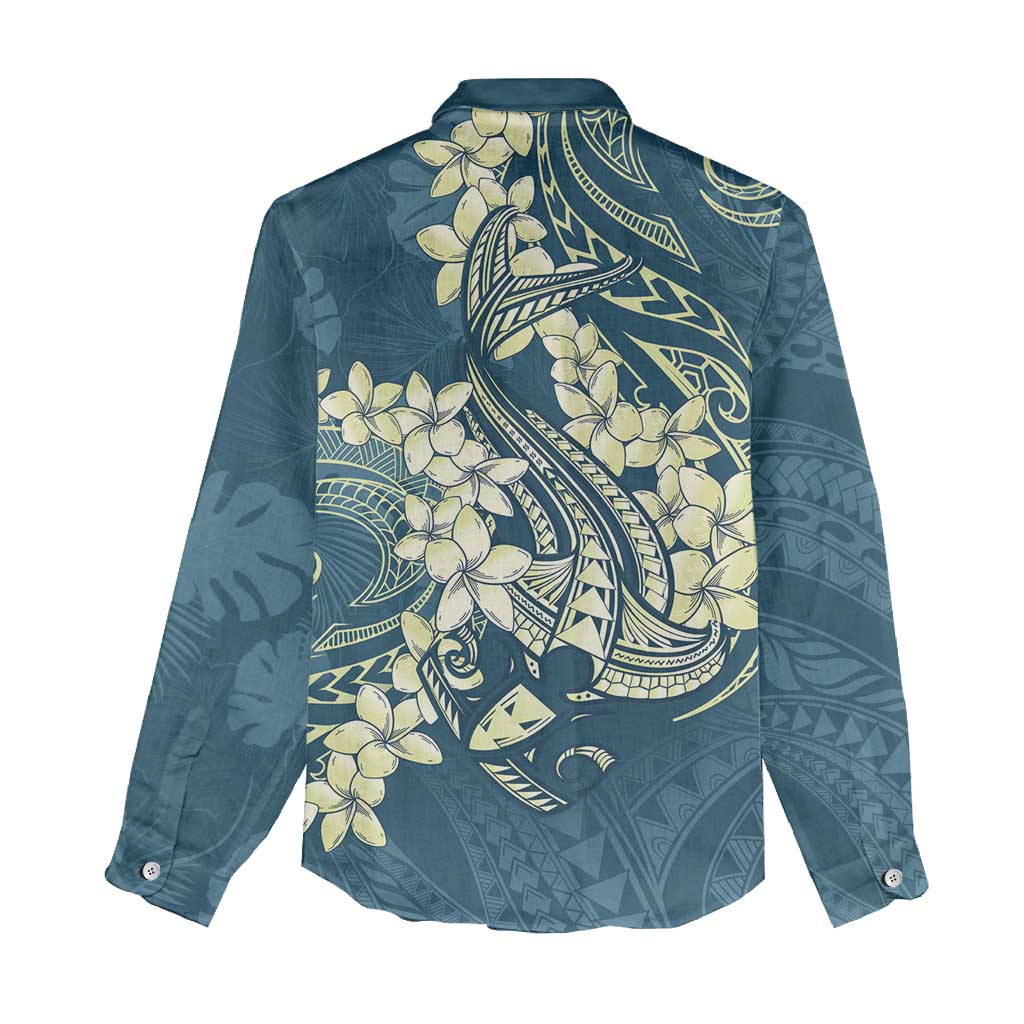 Cyan Polynesia Hammerhead Shark Tattoo With Plumeria Lei Women Casual Shirt