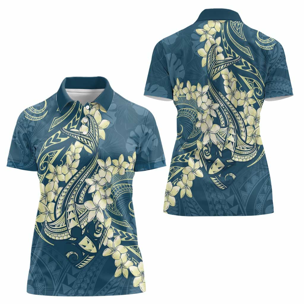 Cyan Polynesia Hammerhead Shark Tattoo With Plumeria Lei Women Polo Shirt