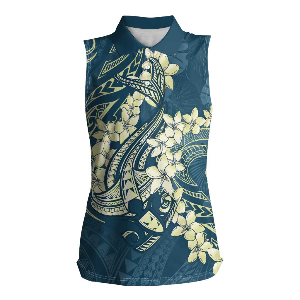 Cyan Polynesia Hammerhead Shark Tattoo With Plumeria Lei Women Sleeveless Polo Shirt
