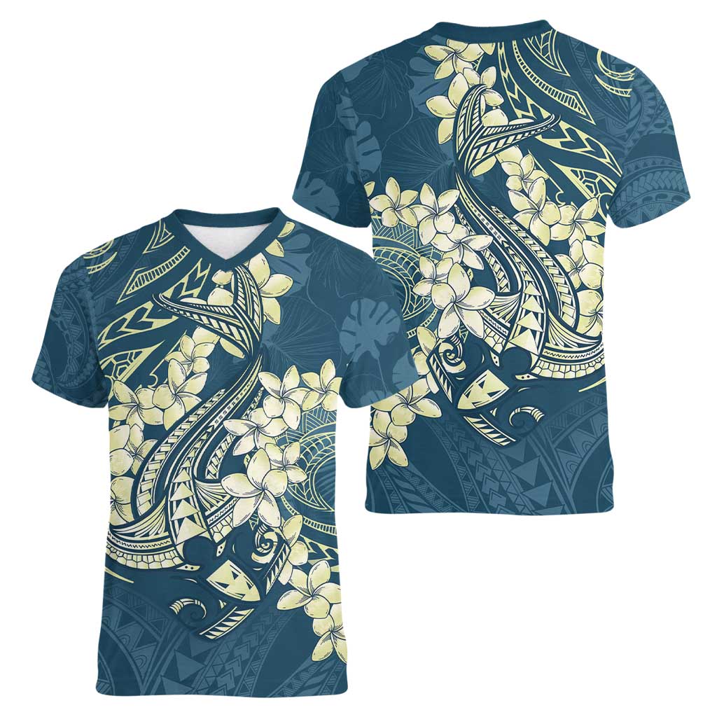 Cyan Polynesia Hammerhead Shark Tattoo With Plumeria Lei Women V-Neck T-Shirt
