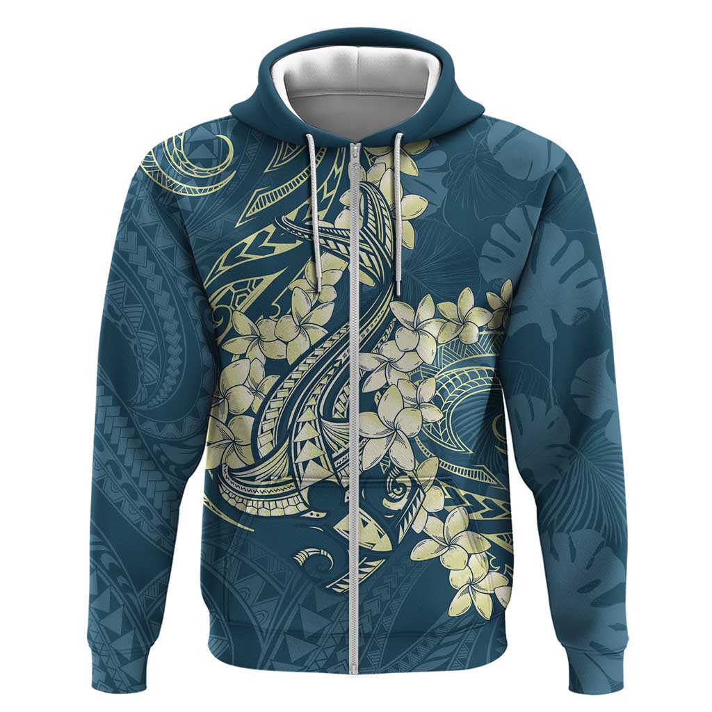 Cyan Polynesia Hammerhead Shark Tattoo With Plumeria Lei Zip Hoodie LT14 Zip Hoodie Cyan - Polynesian Pride