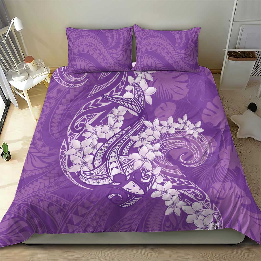 Purple Polynesia Hammerhead Shark Tattoo With Plumeria Lei Bedding Set